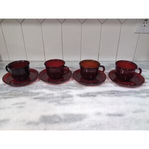 Arcoroc Glass Teacups & Saucers, Ruby Red Set, MCM Tea Set, French Glassware